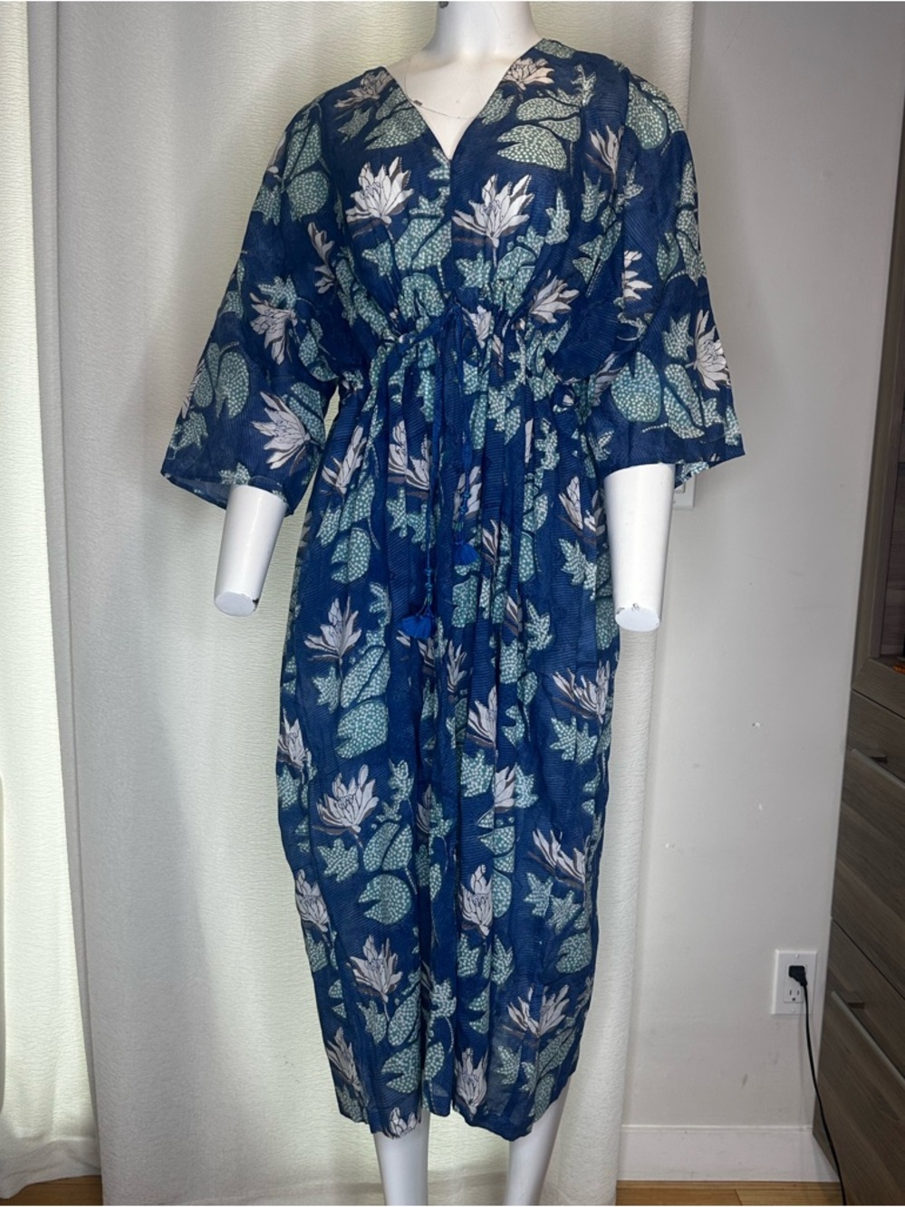 Anokhi Floral Organic Cotton Tunic in Teal & Navy w pockets OS - Picture 2 of 6